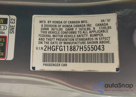 2007 Honda Civic Ex from USA, damaged, VIN 2HGFG11887H555043